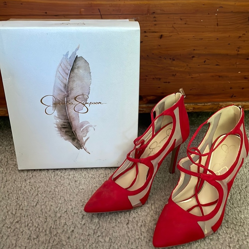 Jessica Simpson heels, red, lace up. Like new